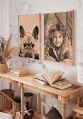 Custom bricked mosaic portrait made of natural wood